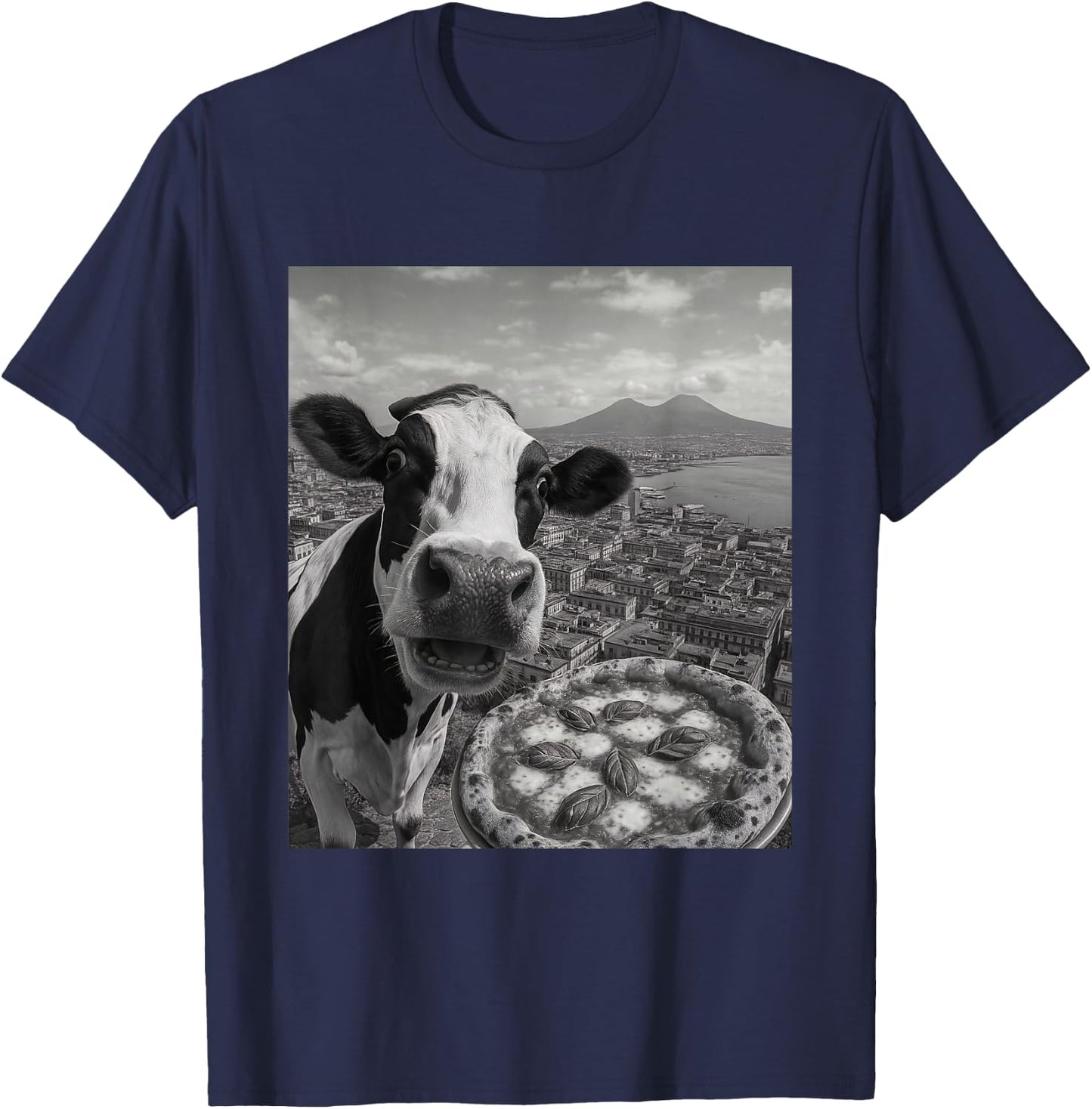 Cow Pizza Selfie Funny Italy Meme Design T-Shirt - T-Shirt | Navy