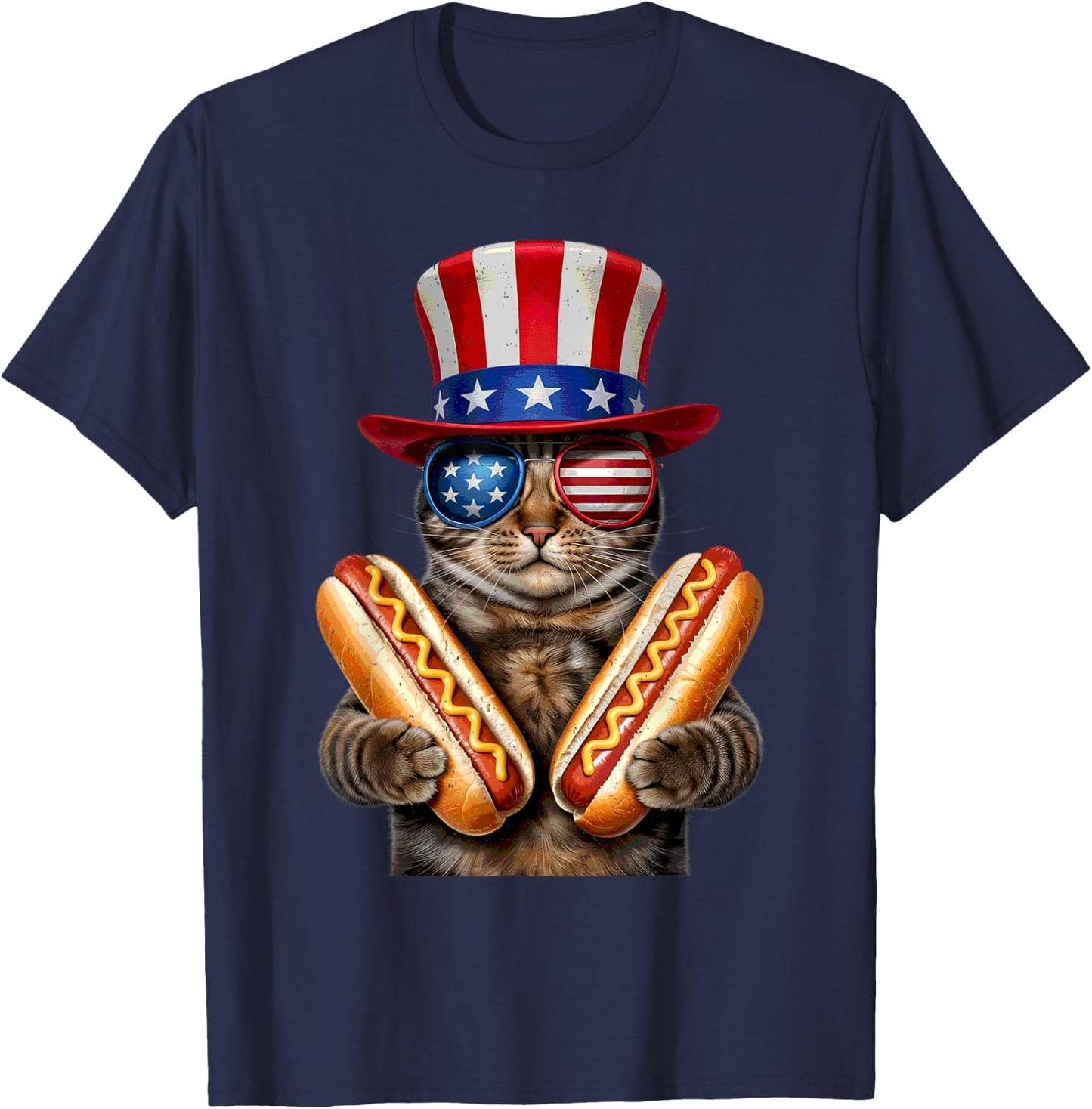 Cat Eating Hotdog 4th Of July American Flag Kitten Lover T-Shirt - T-Shirt | Navy