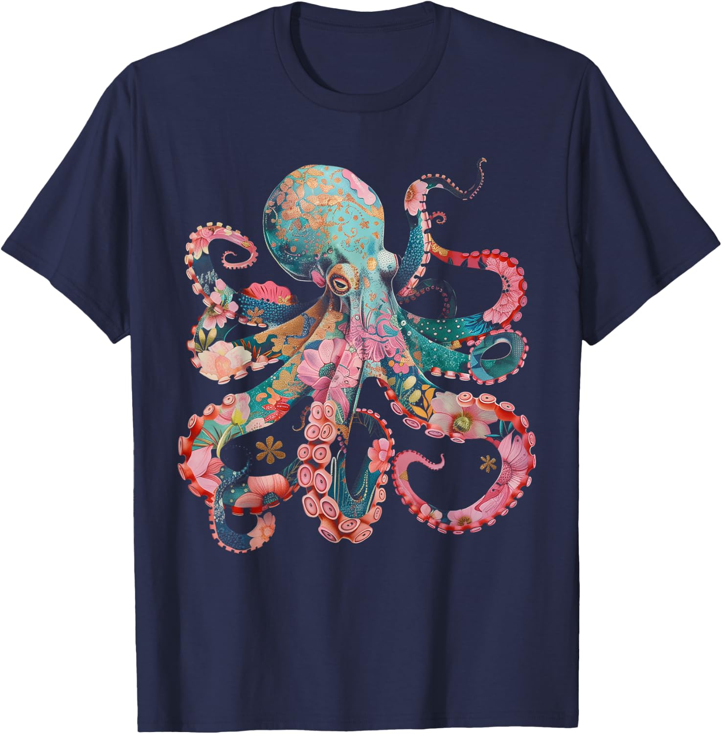 Octopus Floral Vintage Flowers Squid Kraken Scuba Diving T-Shirt - T-Shirt | Navy