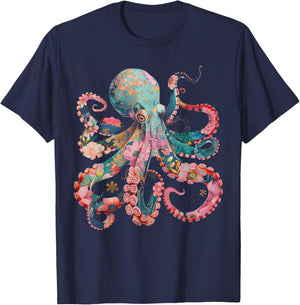 Octopus Floral Vintage Flowers Squid Kraken Scuba Diving T-Shirt - T-Shirt | Navy