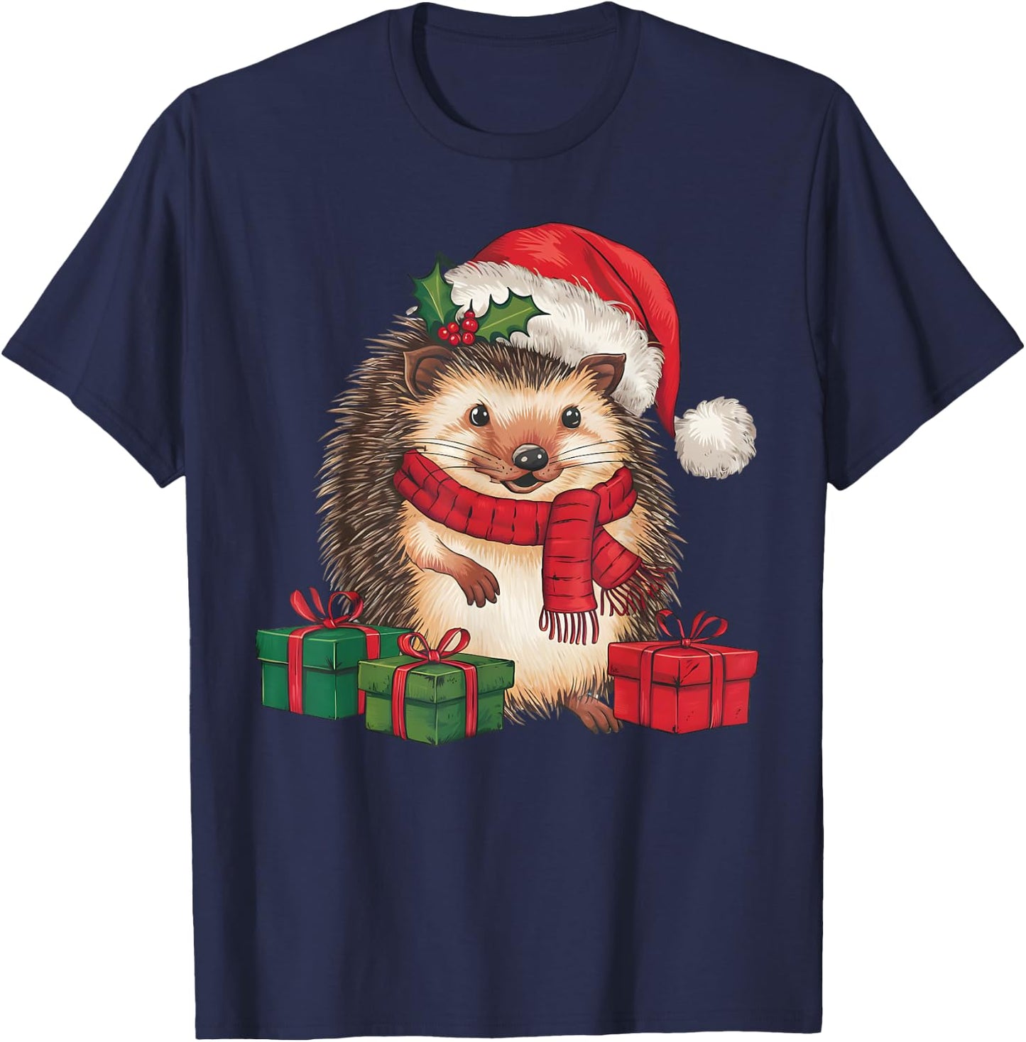 Xmas Lighting Santa Hat Hedgehog Christmas T-Shirt - T-Shirt | Navy
