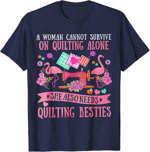 A Woman Cannot Survive On Quilting Alone Funny Flamingo T-Shirt - T-Shirt | Navy