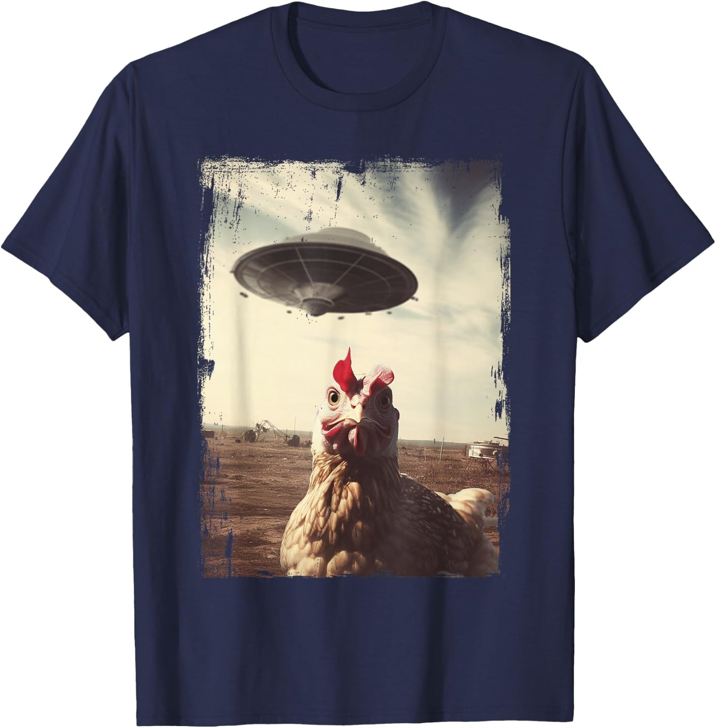 Weirdcore Chicken UFO Landing Graphic T-Shirt - T-Shirt | Navy