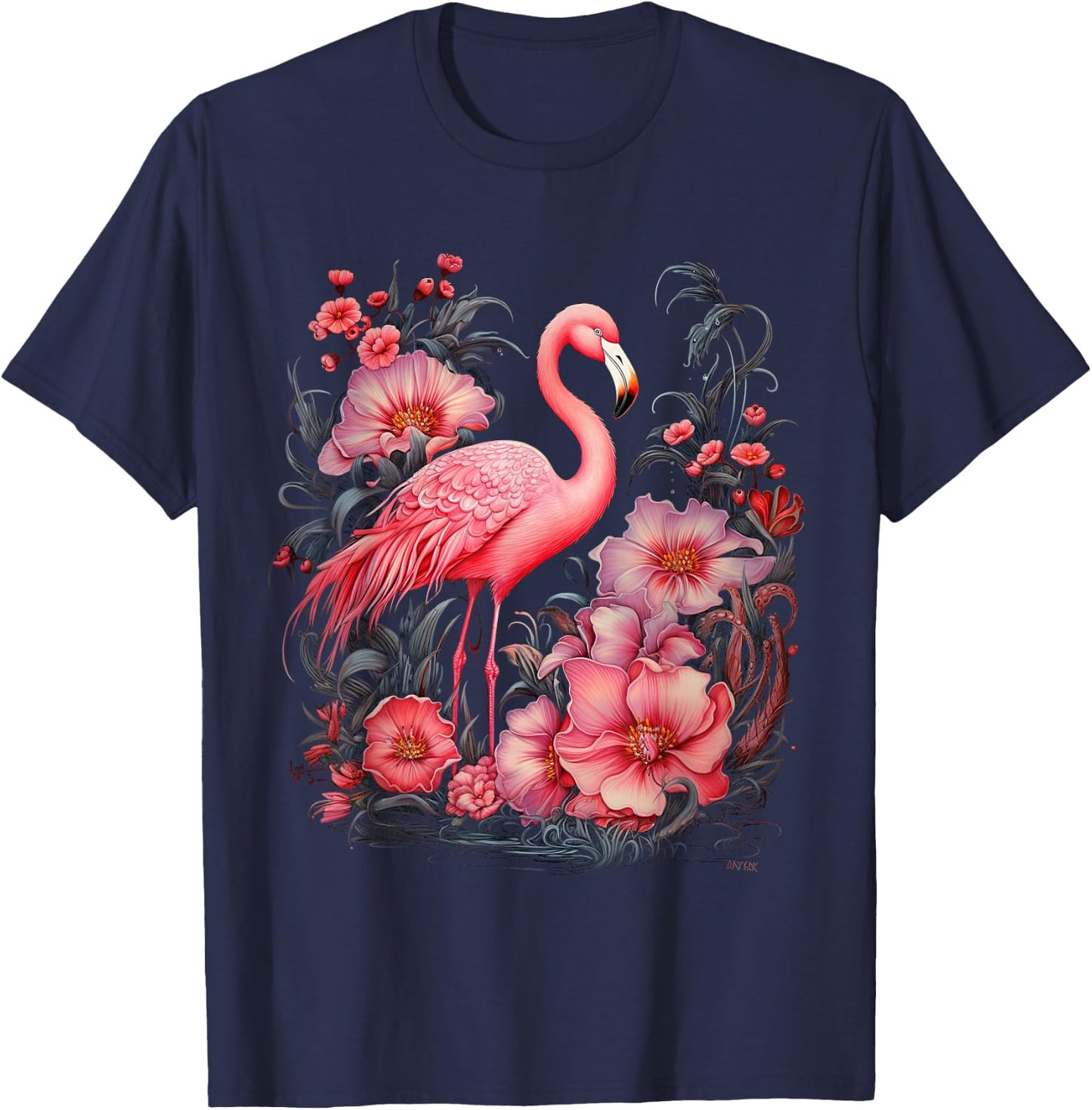 Flamingo and Flowers Floral Flamingos pink T-Shirt - T-Shirt | Navy