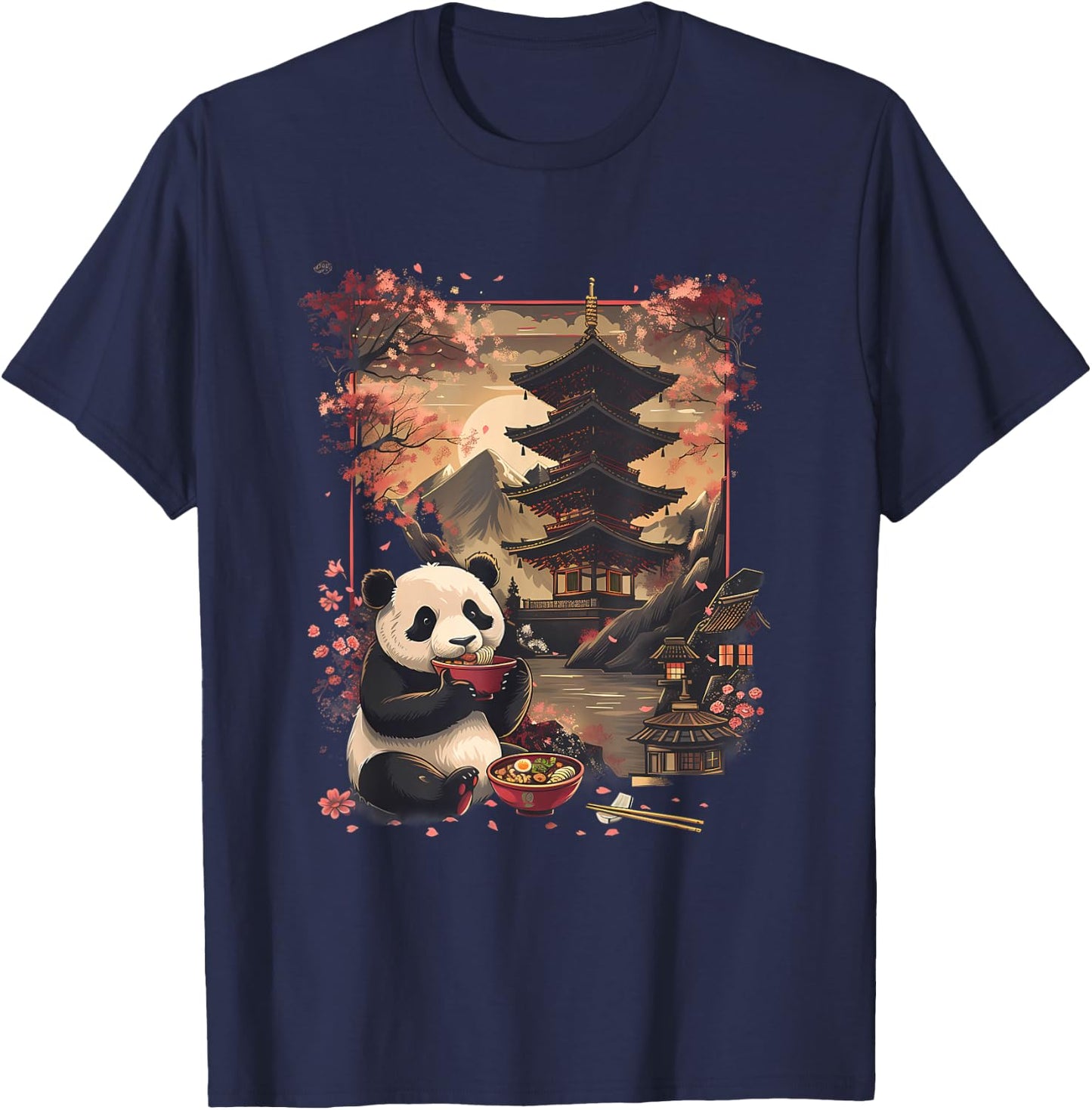 Panda Ramen Mount Fuji Pagoda Tower Sakura Panda Noodle Bowl T-Shirt - T-Shirt | Navy