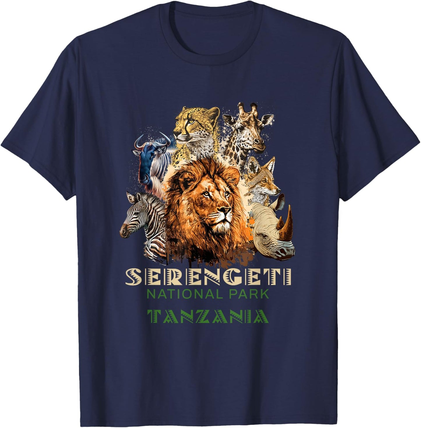 African Serengeti National Park Animal Safari Tanzania , Black, S T-Shirt - T-Shirt | Navy