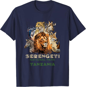 African Serengeti National Park Animal Safari Tanzania , Black, S T-Shirt - T-Shirt | Navy