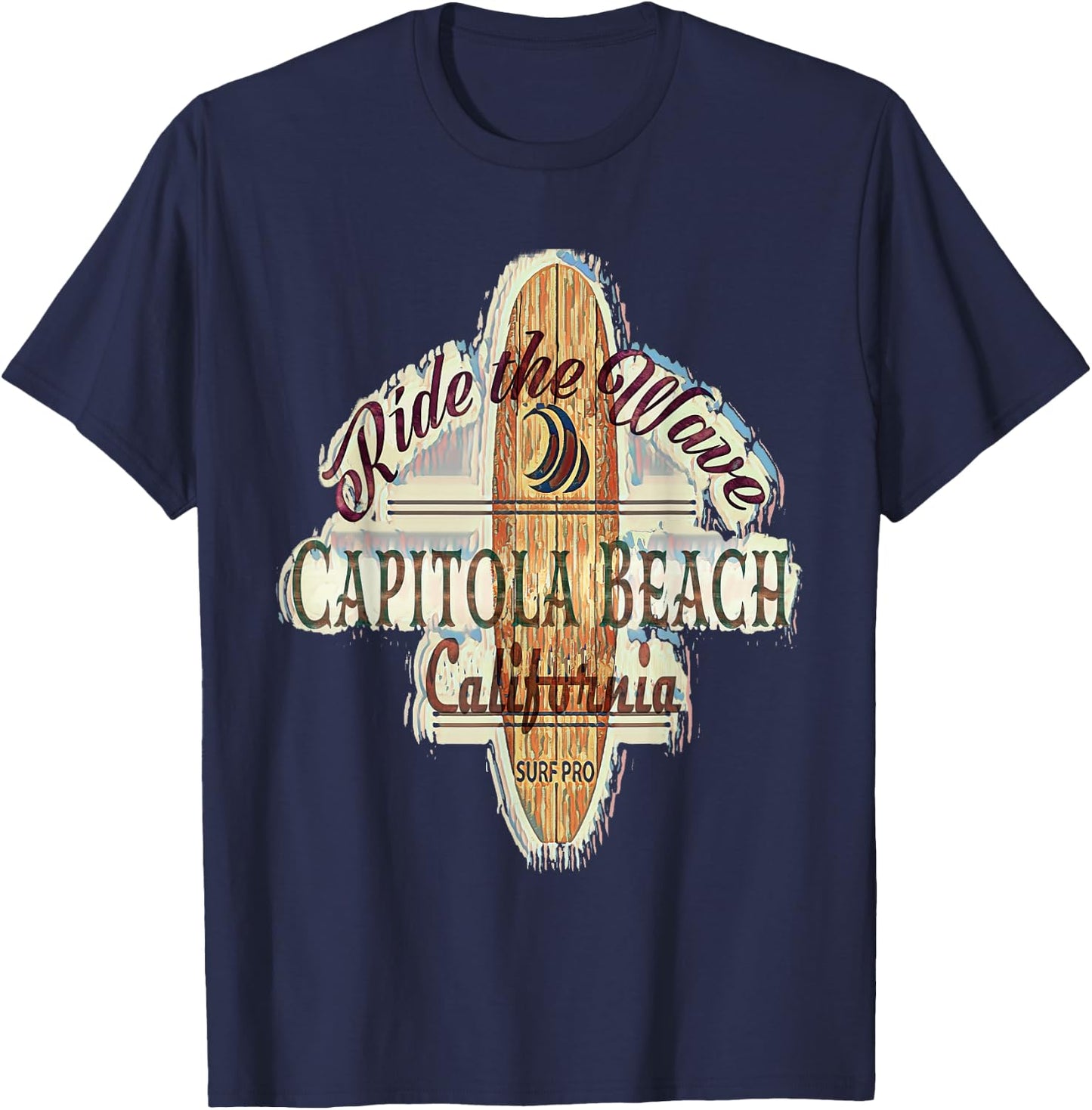 Surfing, Surfboard, Distressed Longboard Capitola Beach T-Shirt - T-Shirt | Navy