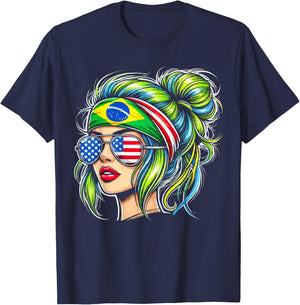 Half American Half Brazilian USA Flag Brazil America T-Shirt - T-Shirt | Navy