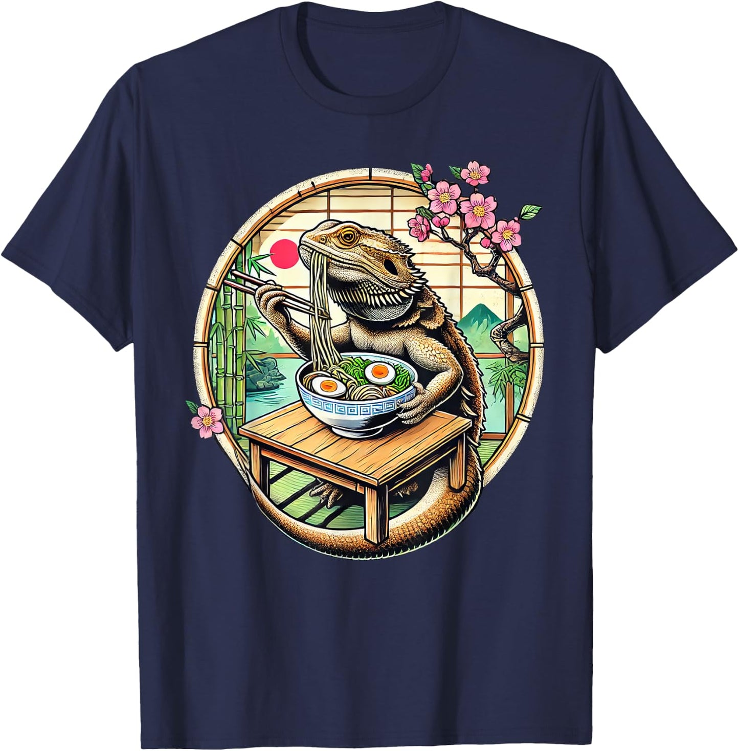 Kawaii Bearded Dragon Eating Ramen Noodles Japanese T-Shirt - T-Shirt | Navy