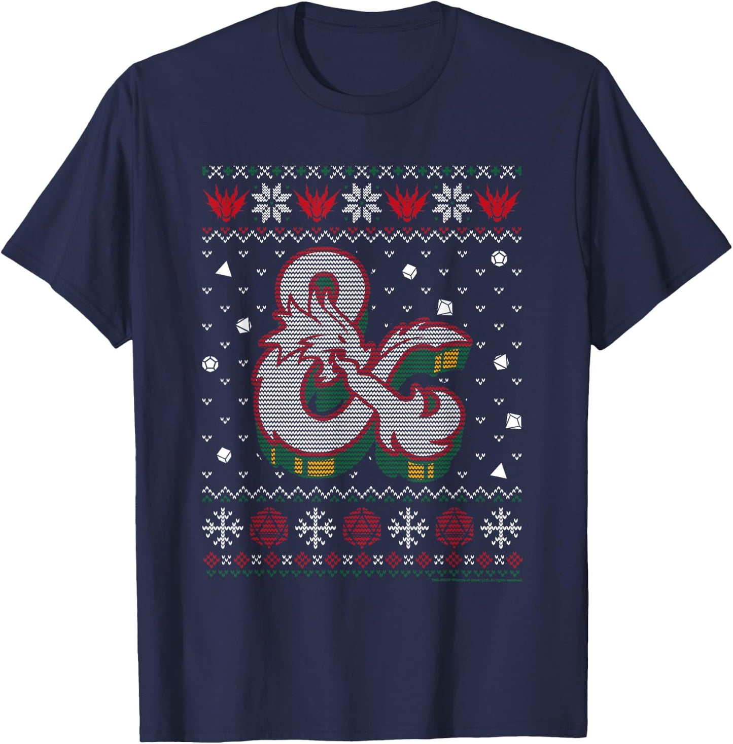 Dungeons & Dragons Ampersand Dragon Christmas Knit Pattern T-Shirt - T-Shirt | Navy