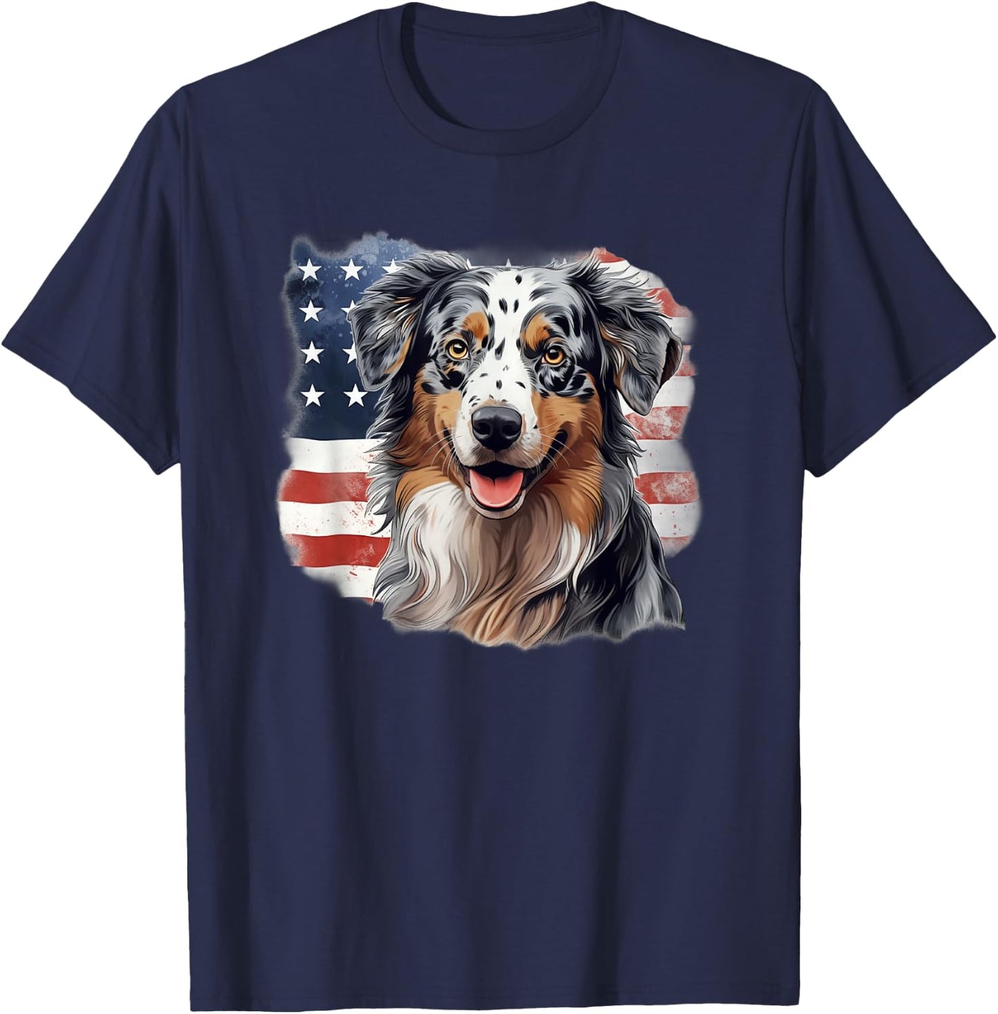 USA Flag 4th July Patriotic American Blue Merle Aussie Lover T-Shirt - T-Shirt | Navy