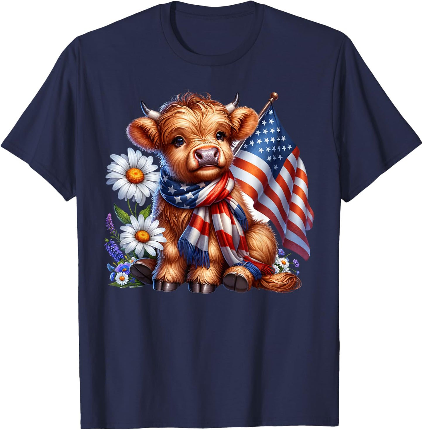 Cute Highland Cow Florals 4th of July USA Flag Patriotic Cow T-Shirt - T-Shirt | Navy