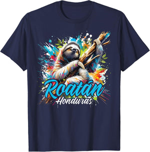 Roatan Sloth, Roatan Honduras Sloth Paint Splatter, Roatan T-Shirt - T-Shirt | Navy