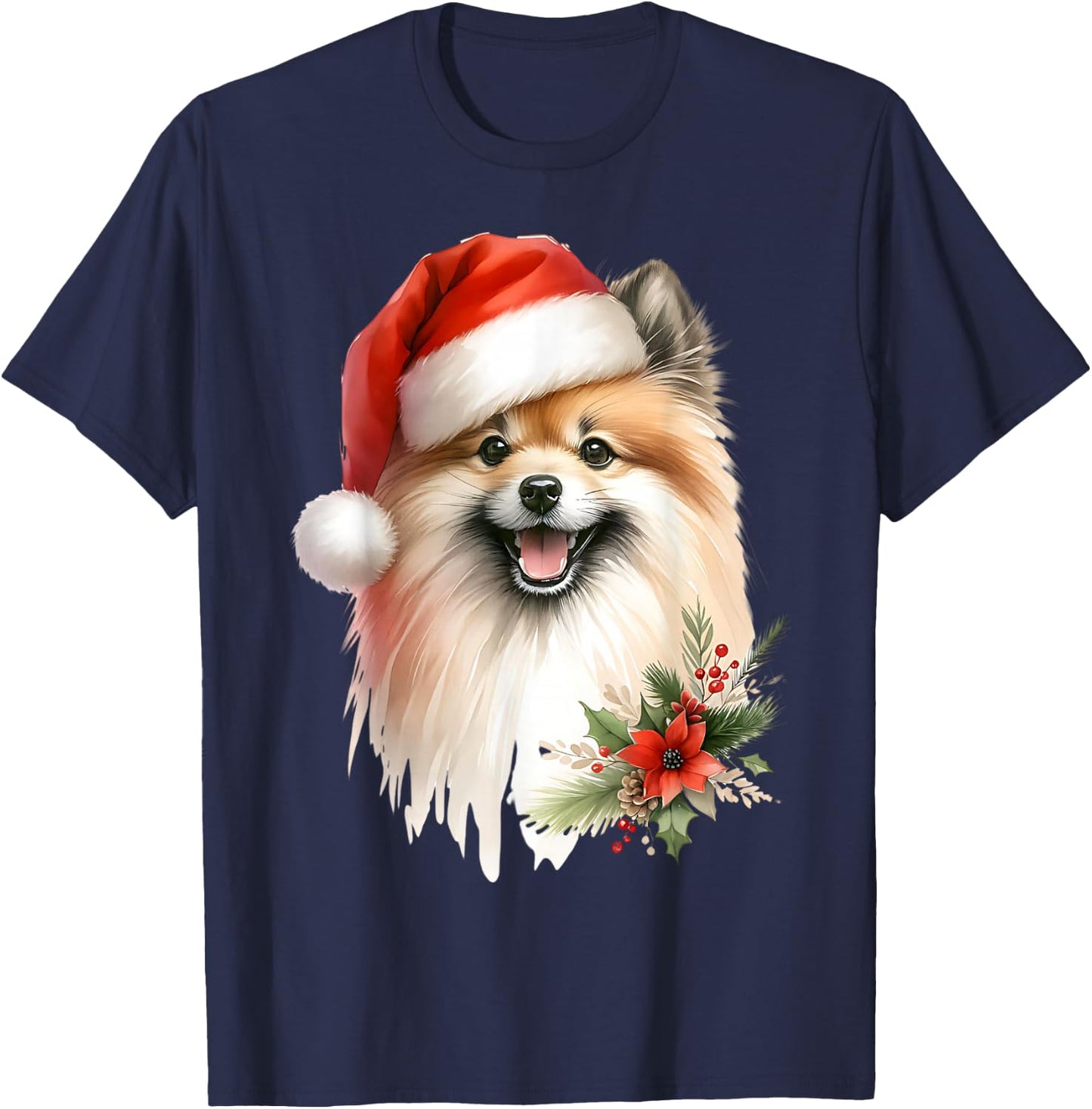 Watercolor Illustration Dog German Spitz Christmas , Black, S T-Shirt - T-Shirt | Navy