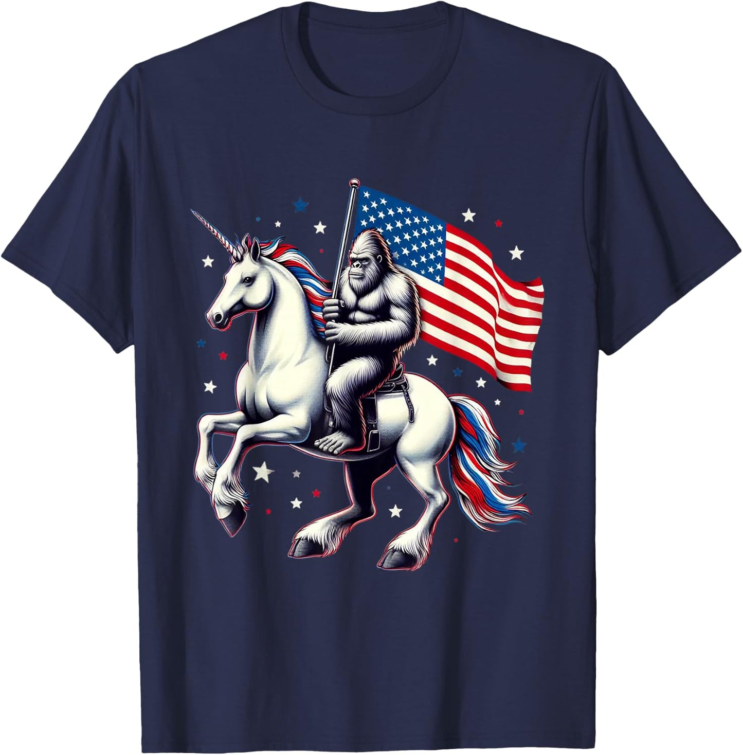 Bigfoot Sasquatch Riding Unicorn 4th Of July American Flag T-Shirt - T-Shirt | Navy