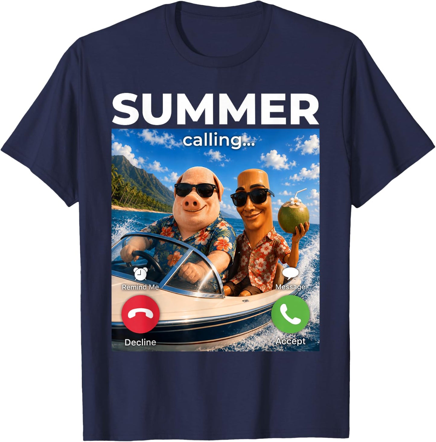 Brainrot Boat John Pork Brothers Summer Time Calling Meme T-Shirt - T-Shirt | Navy