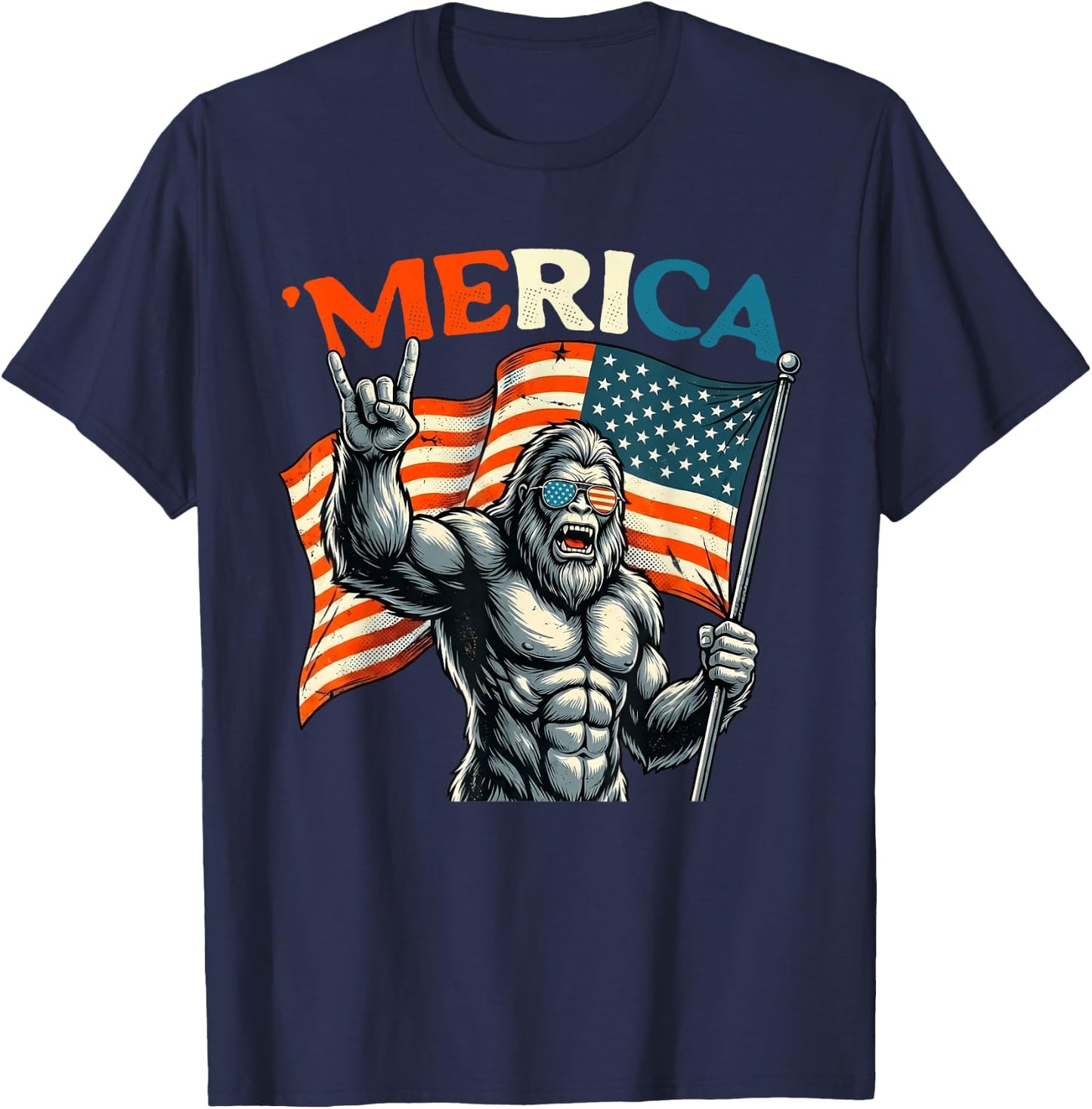 4th of July Bigfoot Sasquatch Merica Rock American Patriotic T-Shirt - T-Shirt | Navy