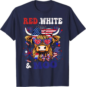 Highlander Cow 4th Of July American Red White Blue Moorica T-Shirt - T-Shirt | Navy