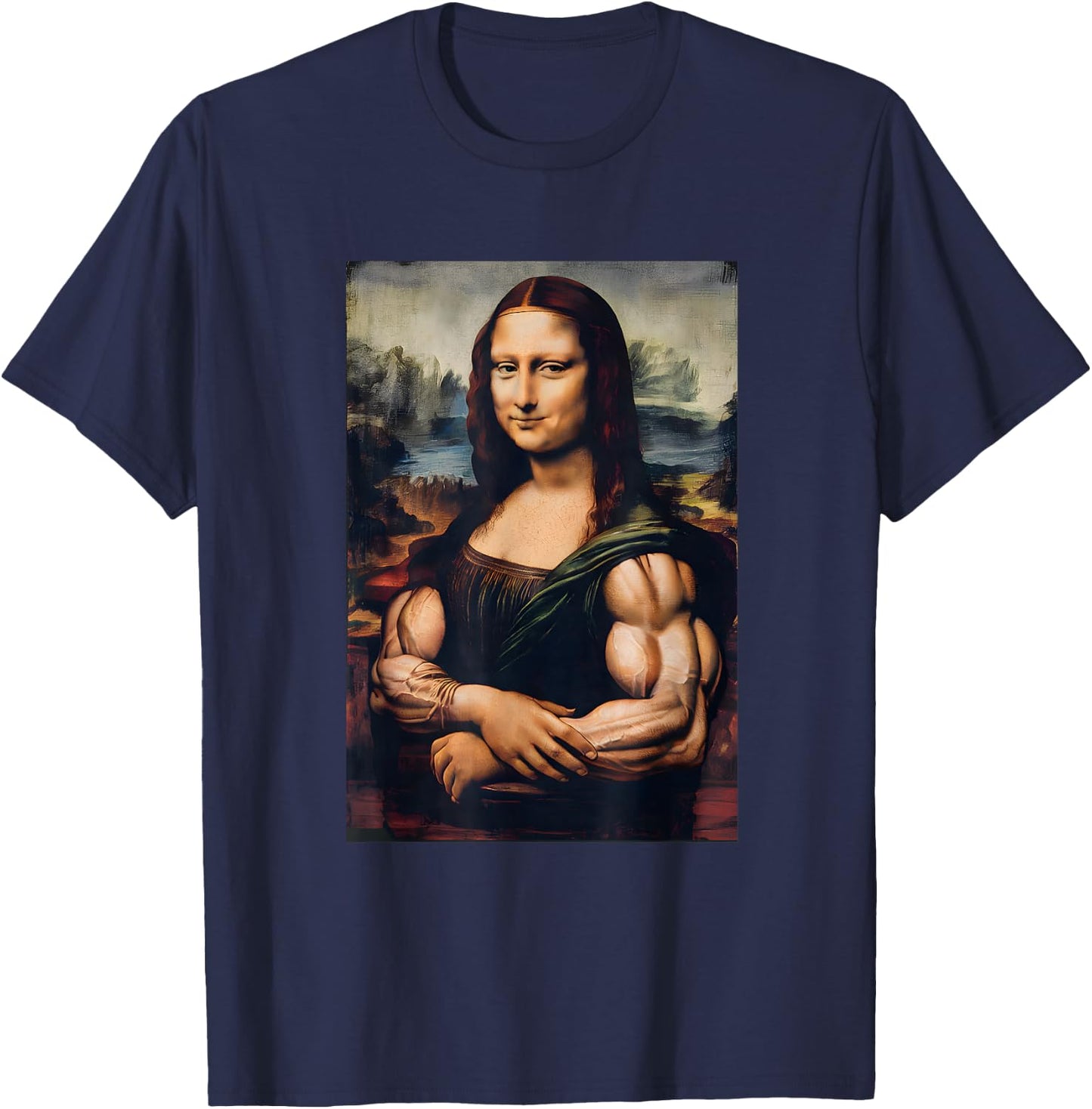 Mona Lisa Bicep Bodybuilding Gym Workout Funny Mona Lisa T-Shirt - T-Shirt | Navy