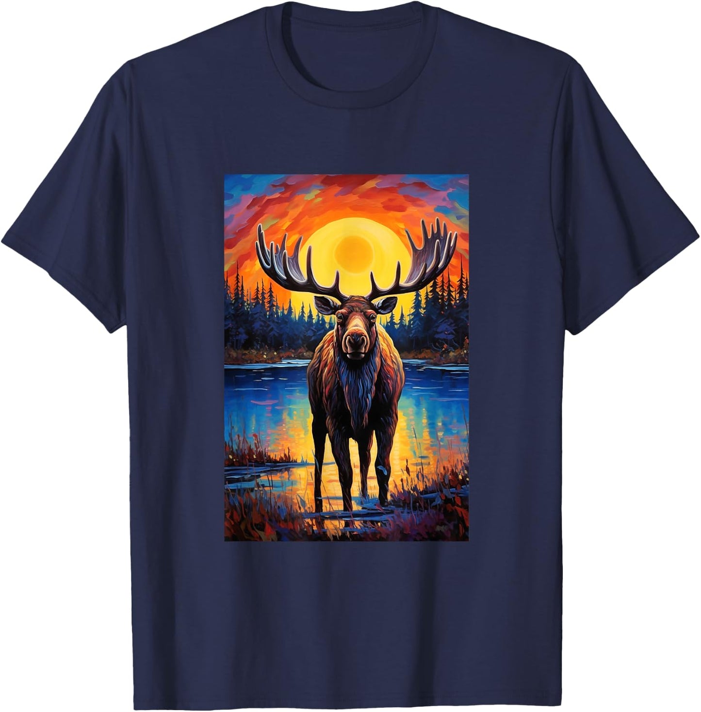 Moose Van Gogh Style Starry Night Graphic T-Shirt - T-Shirt | Navy