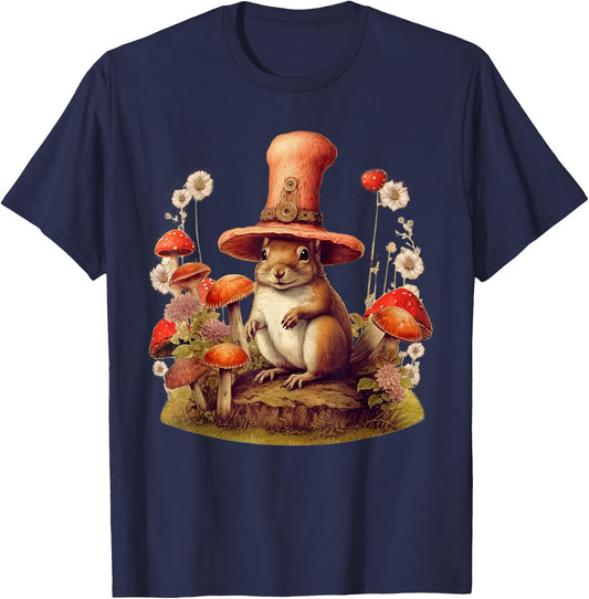 Squirrel Cottagecore Goblinore Aesthetic Art Mushroom T-Shirt - T-Shirt | Navy
