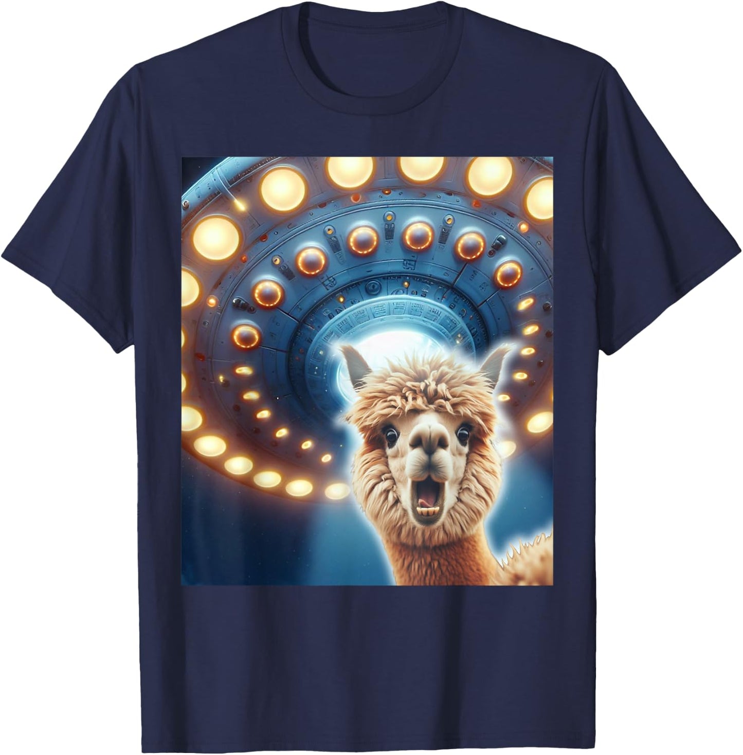 Funny Alpaca Selfie UFOs Alien Flying Saucers Abduction T-Shirt - T-Shirt | Navy