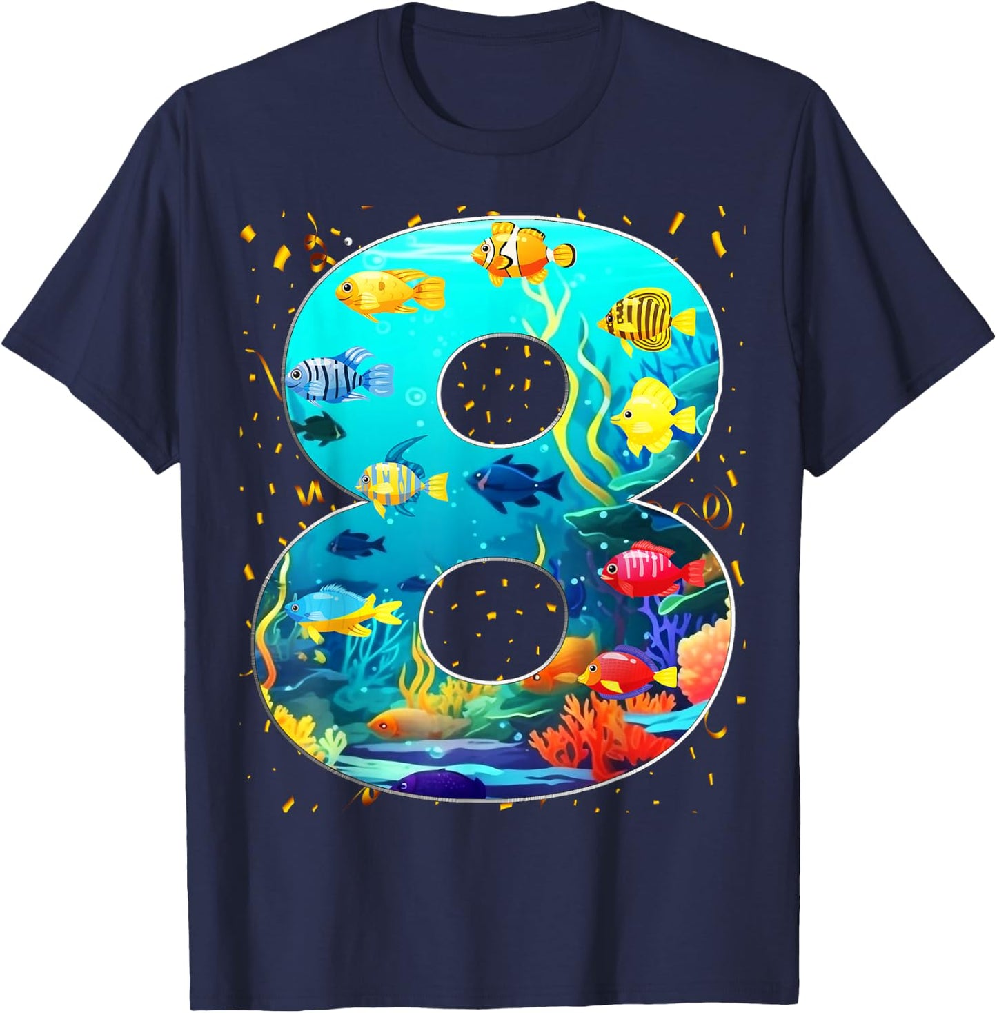 8th Birthday Party 8 Year Old Sea Fish Aquarium Birthday Boy T-Shirt - T-Shirt | Navy