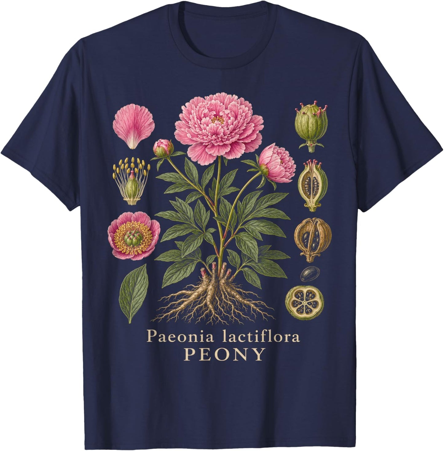 Peony Botanical Anatomy Flower Diagram Vintage Style T-Shirt - T-Shirt | Navy