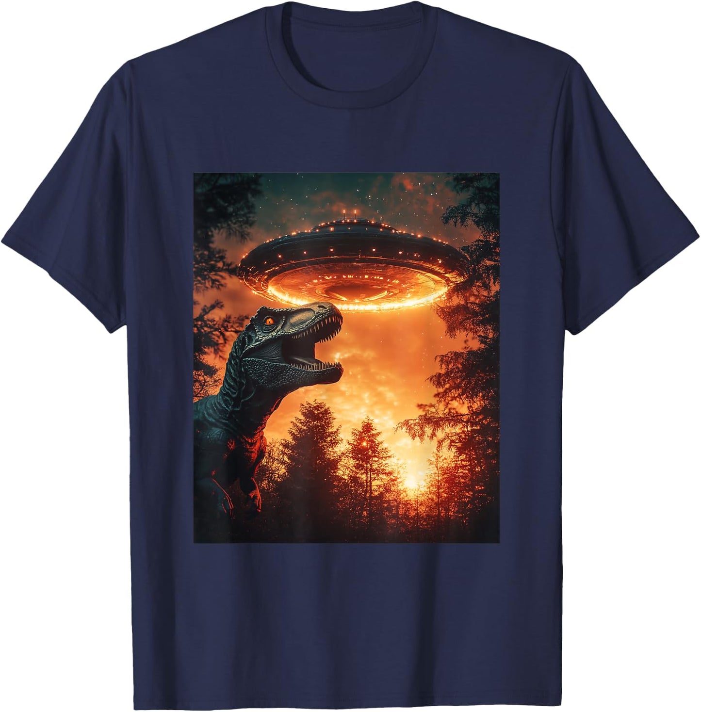 Trex Dinosaur Dino Selfie with UFOs Aliens Funny Graphic T-Shirt - T-Shirt | Navy