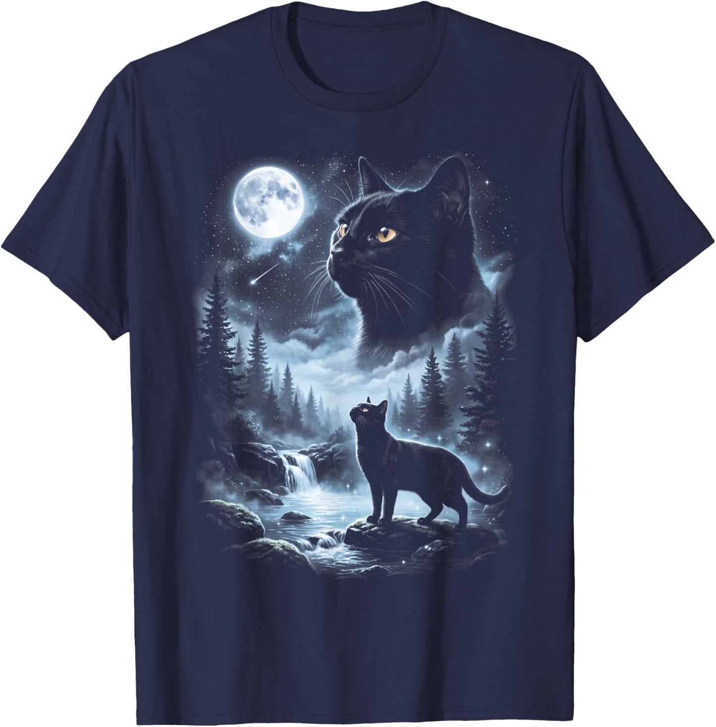 Black Cat Howling at Moon 90's Retro T-Shirt - T-Shirt | Navy