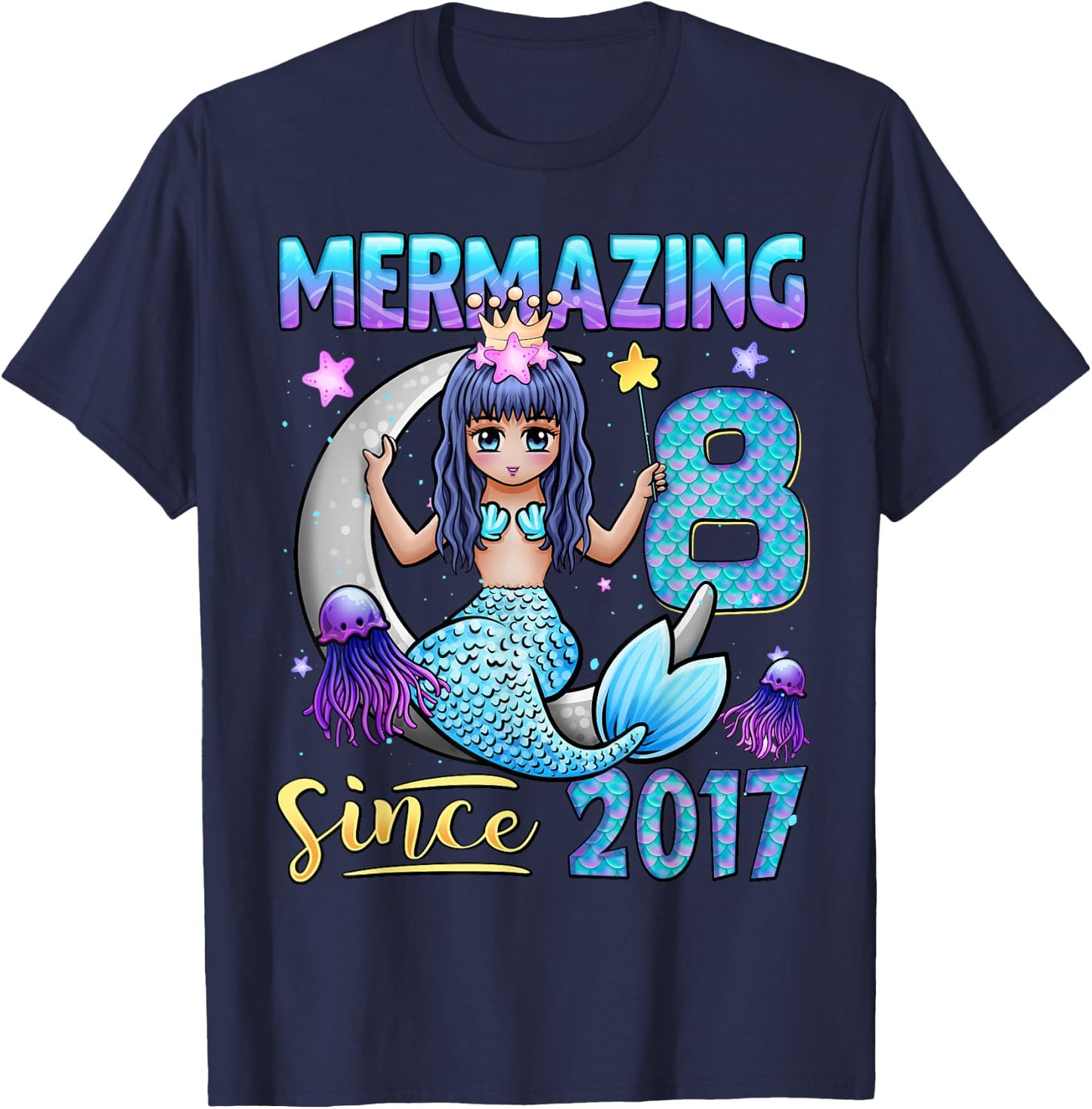 Mermaid Birthday Shirt 8 Years Old Mermaid 8th Birthday Girl T-Shirt - T-Shirt | Navy