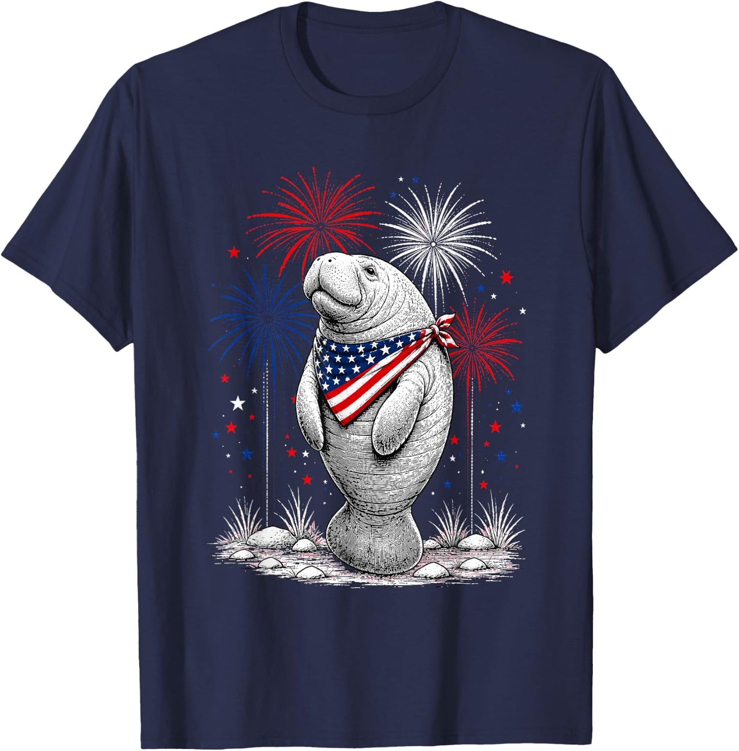 Manatee America's 250th Patriotic Fireworks Animal Lovers T-Shirt - T-Shirt | Navy