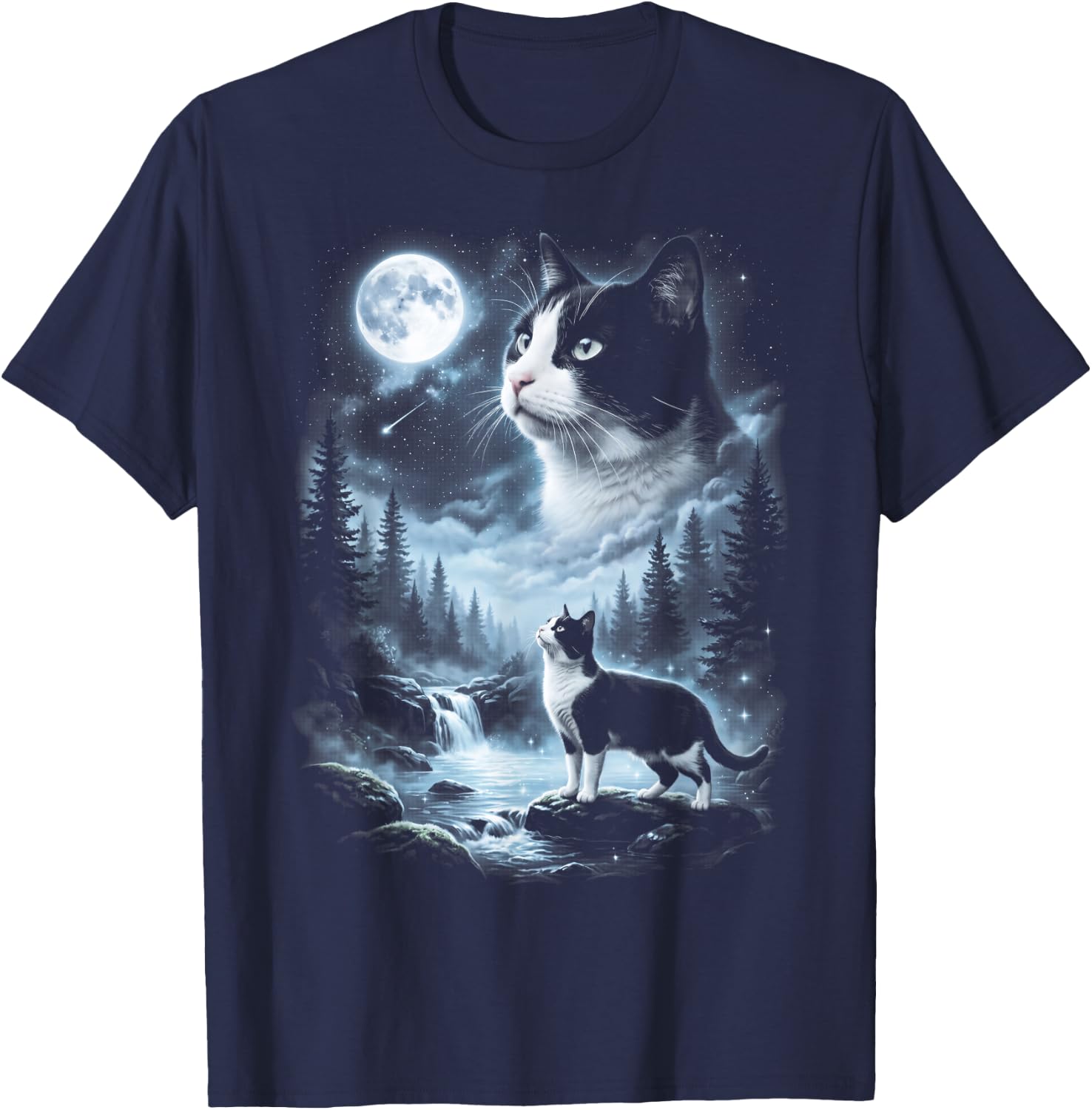 Tuxedo Cat Howling at Moon 90's Retro T-Shirt - T-Shirt | Navy