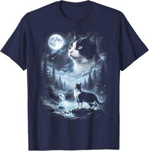 Tuxedo Cat Howling at Moon 90's Retro T-Shirt - T-Shirt | Navy