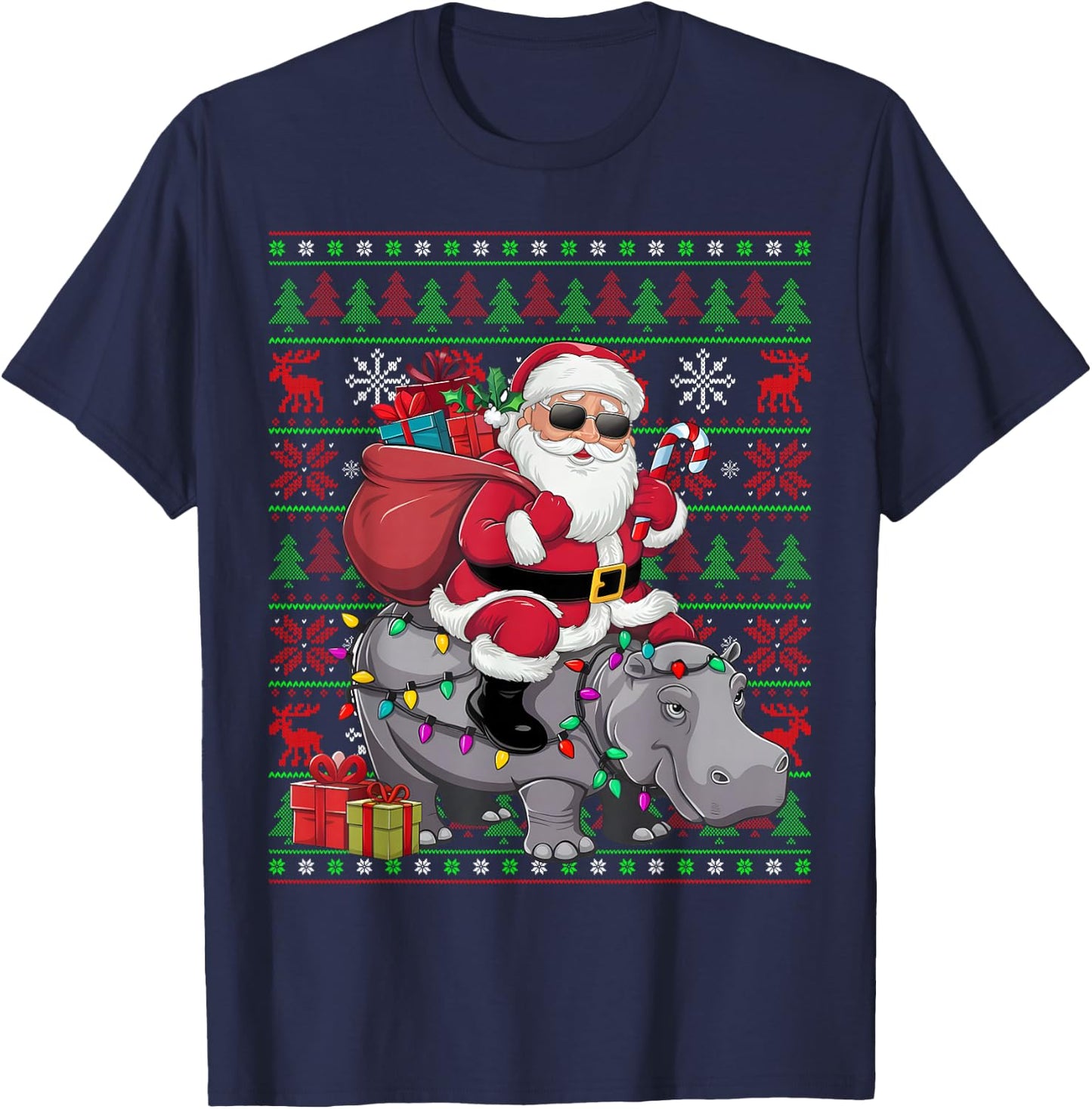 Ugly Xmas Lights Funny Santa Riding Hippo Christmas T-Shirt - T-Shirt | Navy