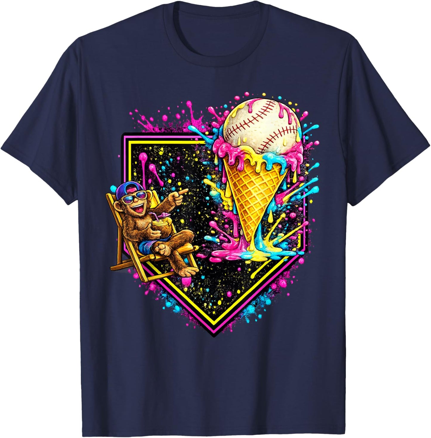 Monkey Funny Animals Baseball Ice Cream Drip Cool T-Shirt - T-Shirt | Navy
