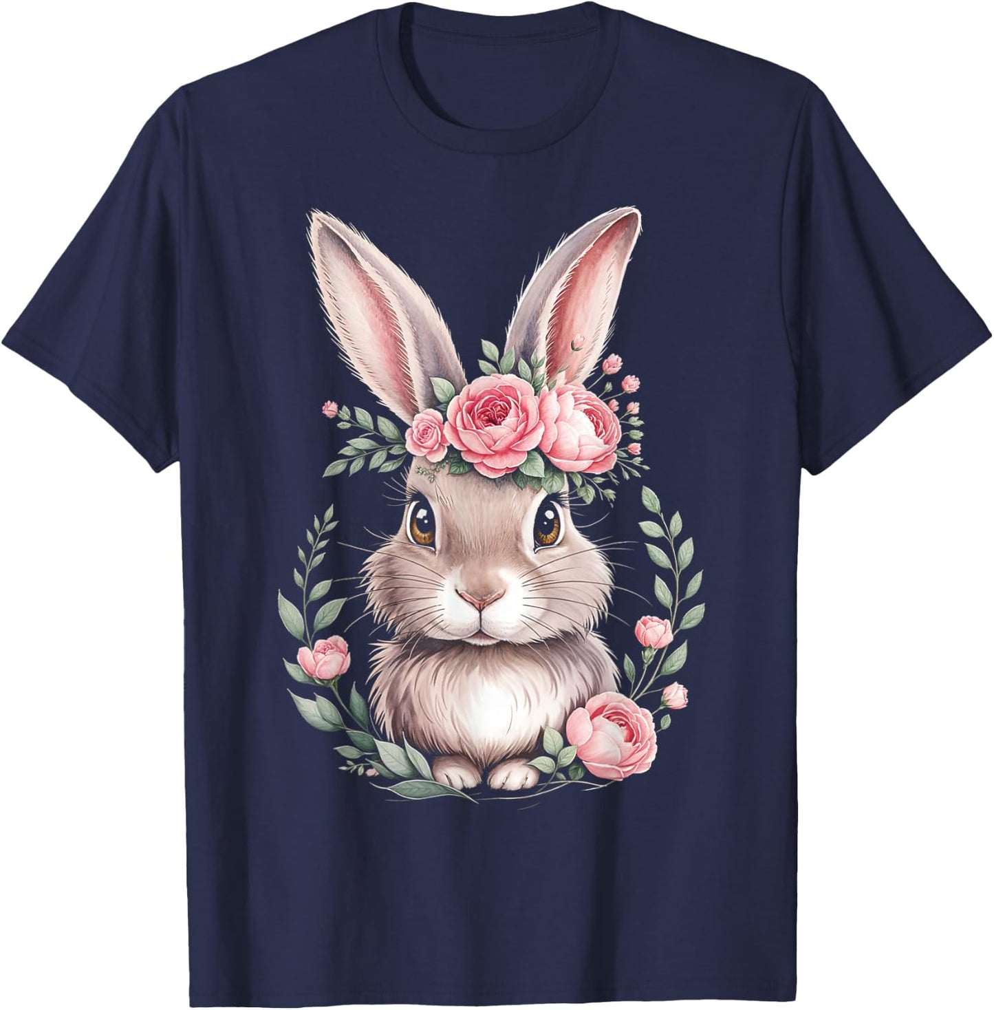 Bunny with Pink Rose Crown Watercolor Art T-Shirt - T-Shirt | Navy