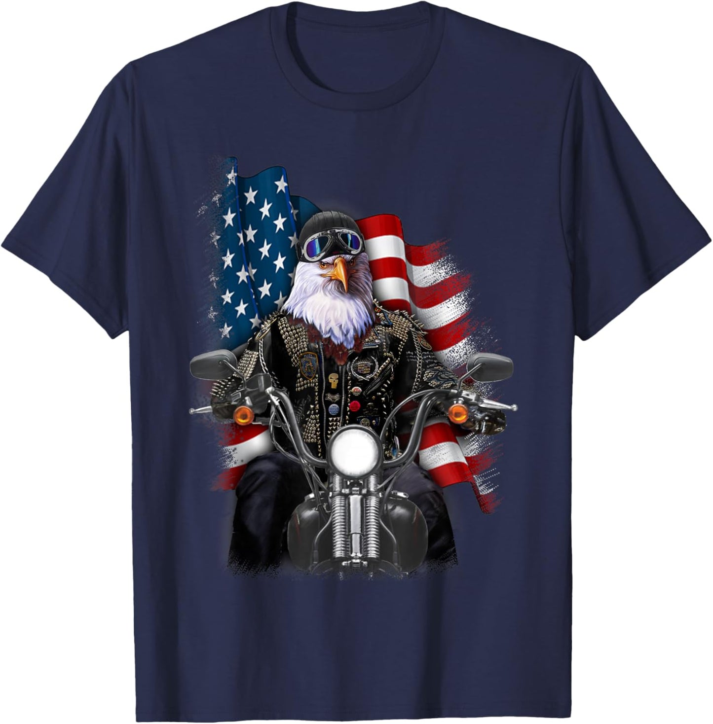 America Bald Eagle as Biker Riding Motorcycle T-Shirt - T-Shirt | Navy