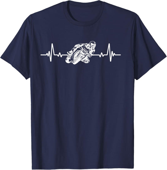 Moto GP Racing Heartbeat Motorcycle Motorcycles Biker Humour , Black, S T-Shirt - T-Shirt | Navy