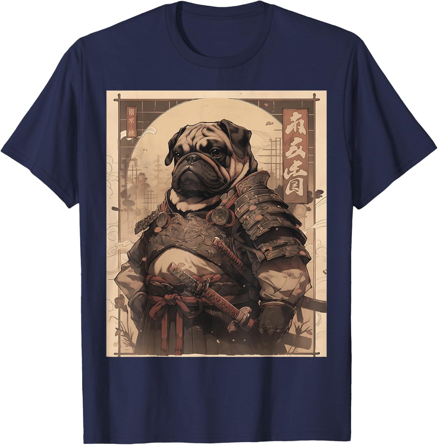 Pug Dog Samurai Full Gear Warriors Japanese Gothic Style T-Shirt - T-Shirt | Navy