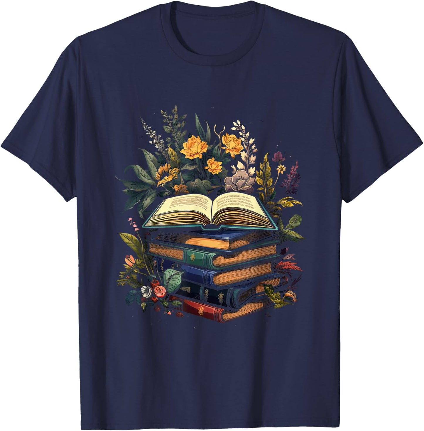 Minimalist Book with Flowers Nature Books Reading , black T-Shirt - T-Shirt | Navy