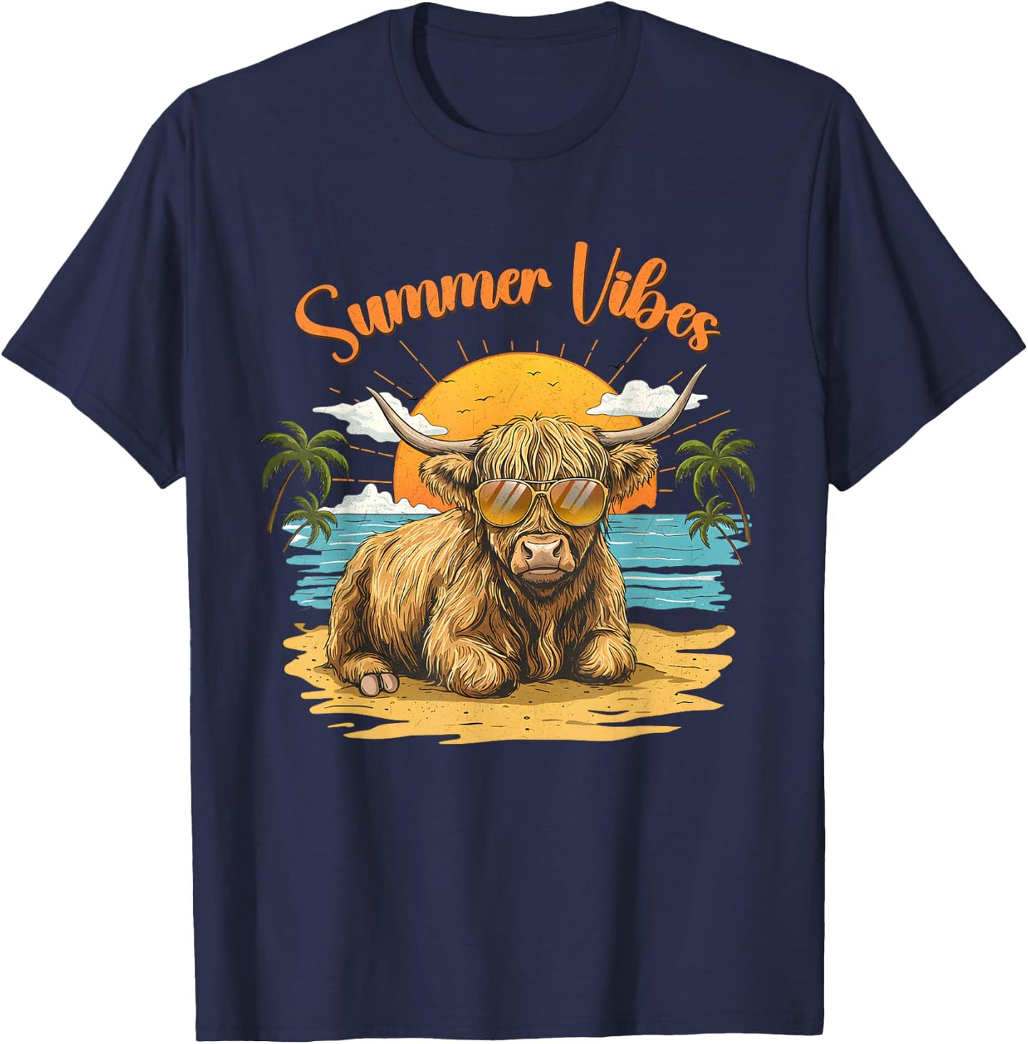 Funny Highland Cow Summer Vibes Beach Sunglasses T-Shirt - T-Shirt | Navy