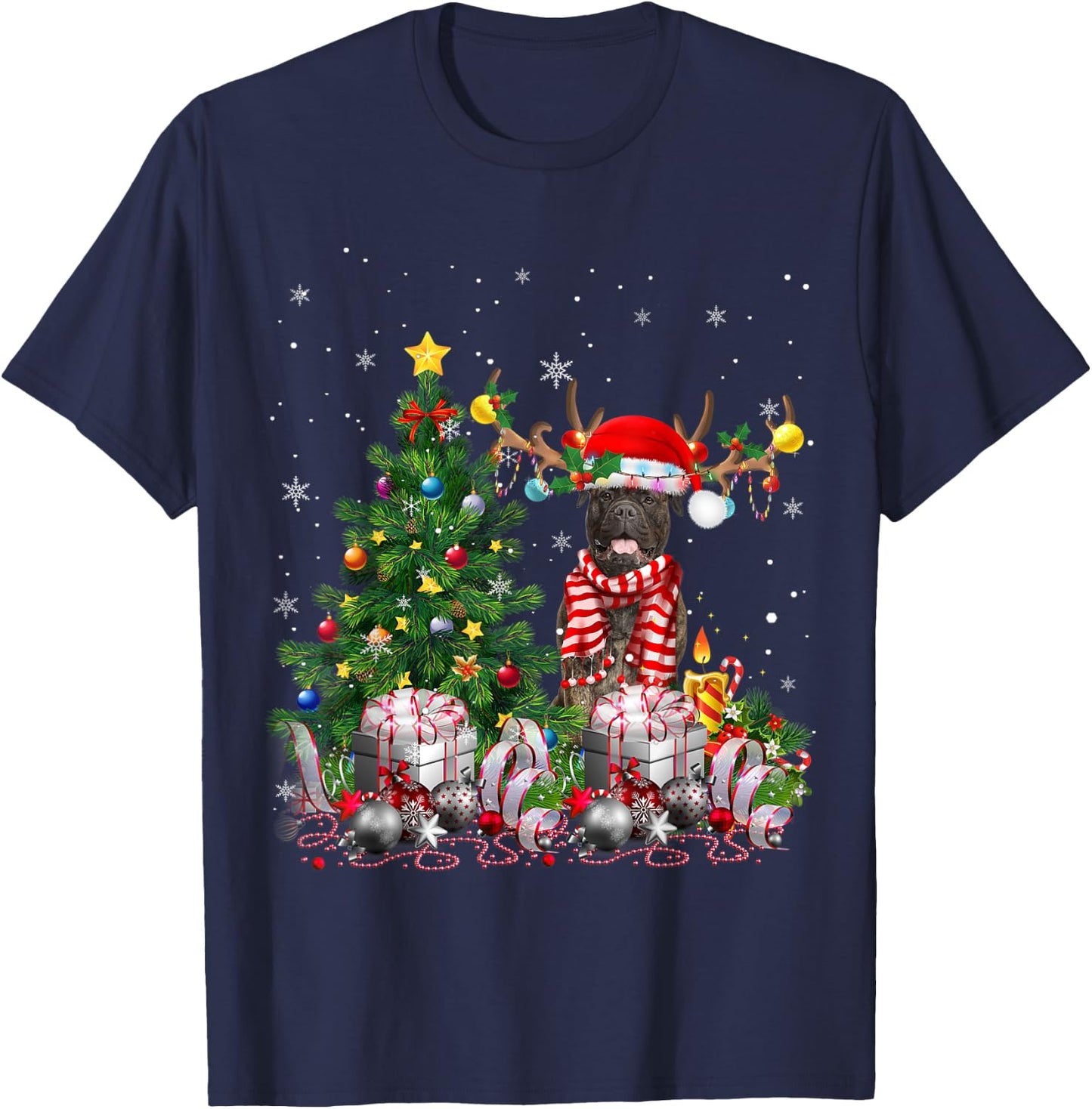 Bull Mastiff Dog Christmas Tree Lights Santa Pajamas Xmas T-Shirt - T-Shirt | Navy