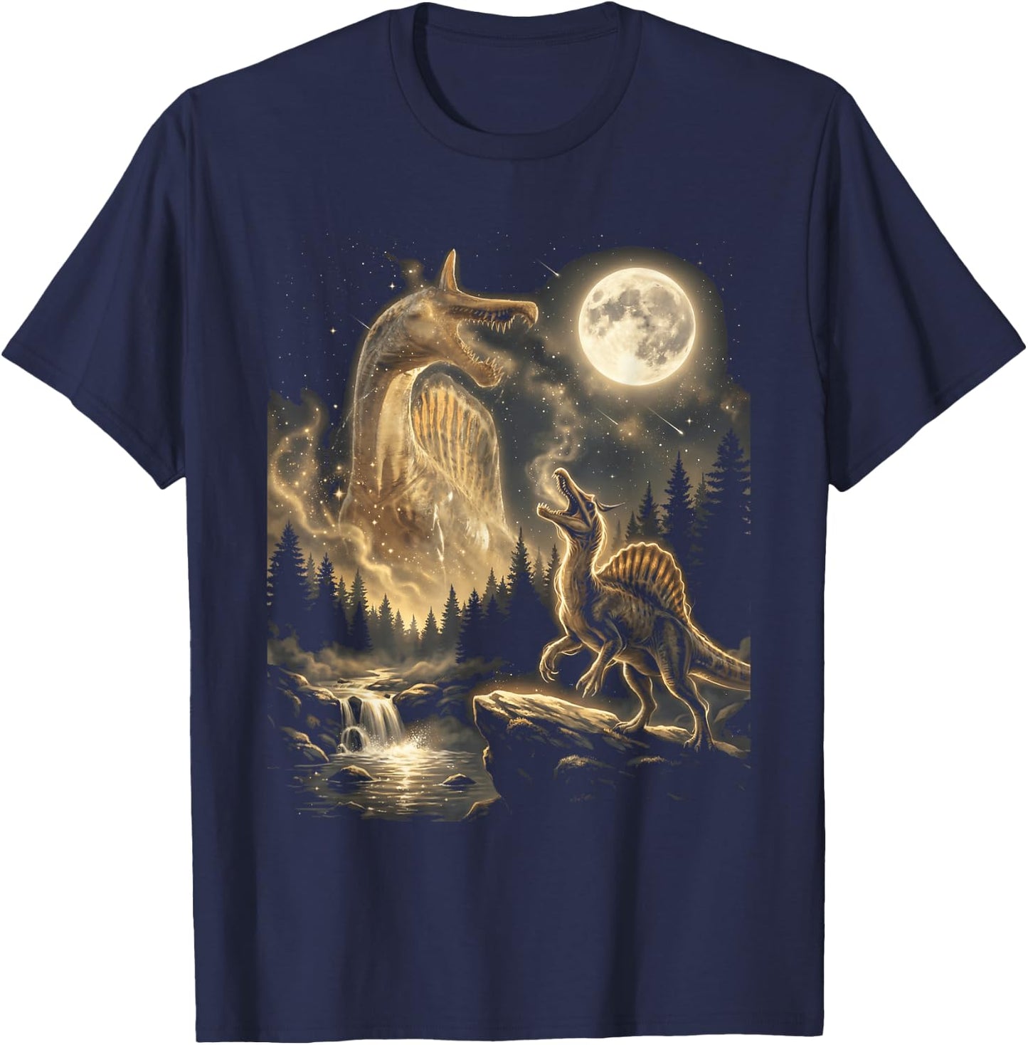 Spinosaurus Mirabilis Dinosaur Full Moon Night Forest T-Shirt - T-Shirt | Navy