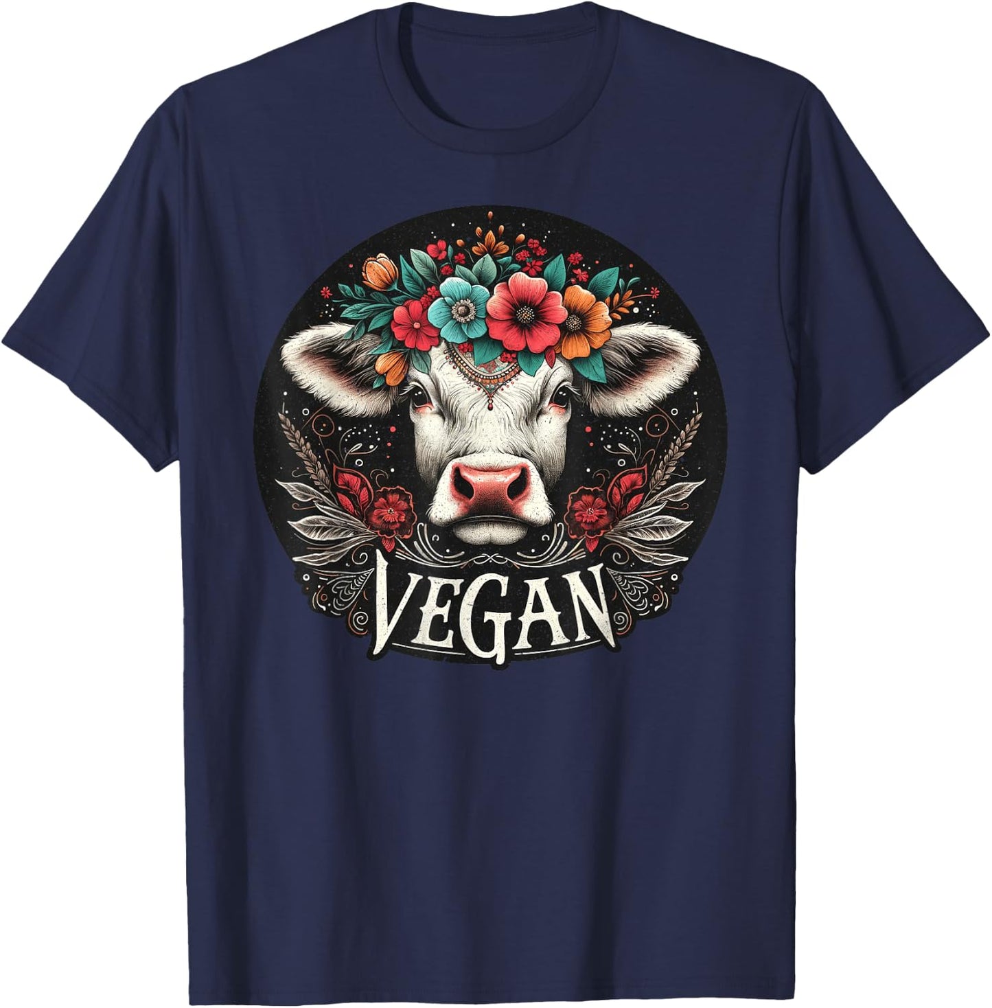Cow with Flowers Vegan Boho – Vintage Cute T-Shirt - T-Shirt | Navy