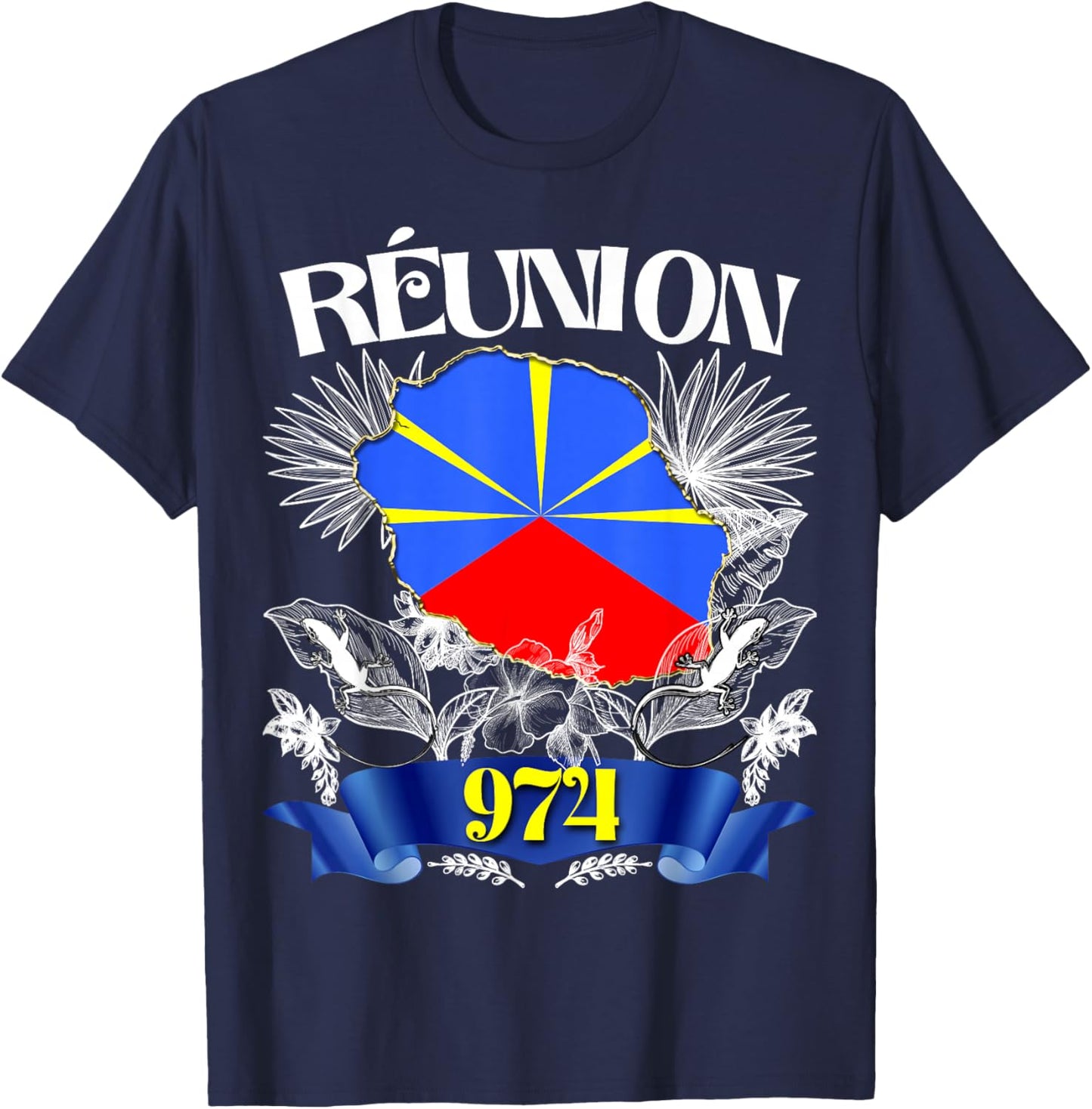 Flag Reunion 974 Le La Margouillat Tropical Flowers T-Shirt - T-Shirt | Navy