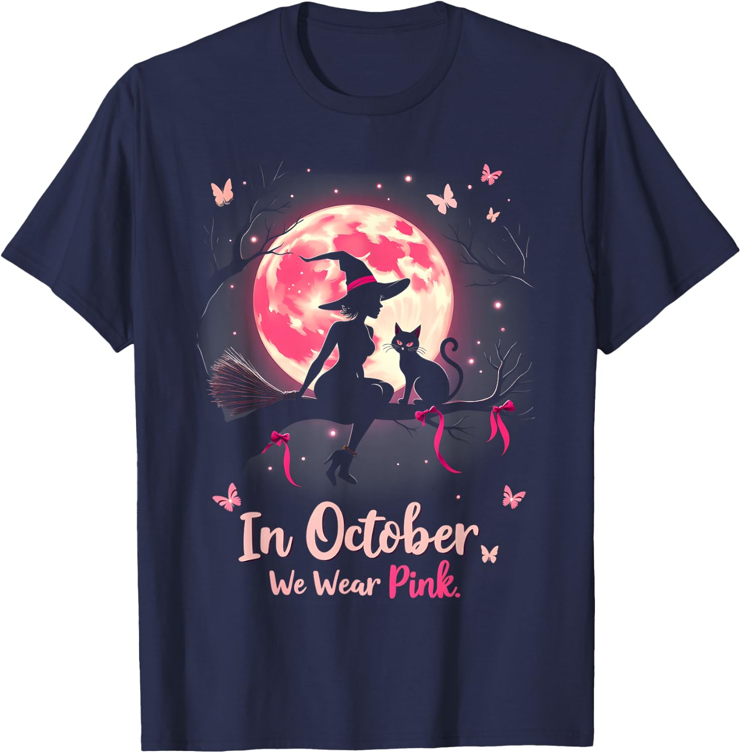 In October We Wear Pink Halloween Witch Breast Cancer T-Shirt - T-Shirt | Navy