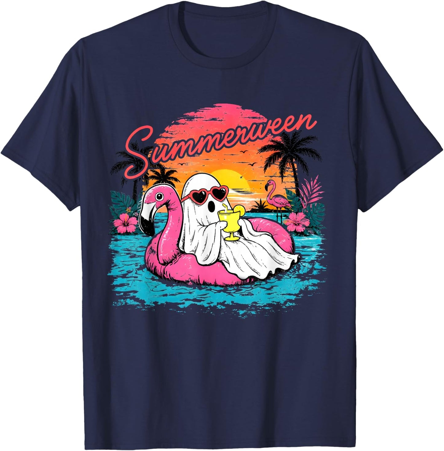 Summerween Funny Ghost Summer Halloween Vacation T-Shirt - T-Shirt | Navy