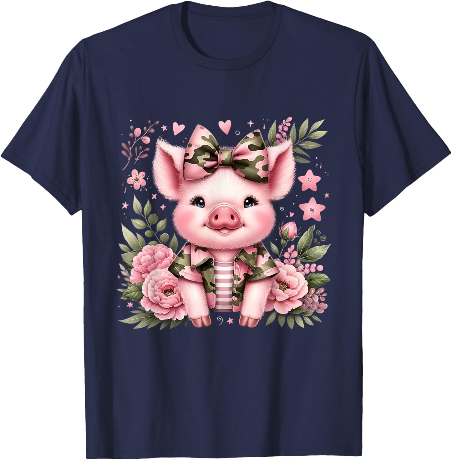 Cute Pig Camouflage Old Camo Bow Camo Coquette Bow Hunting T-Shirt - T-Shirt | Navy
